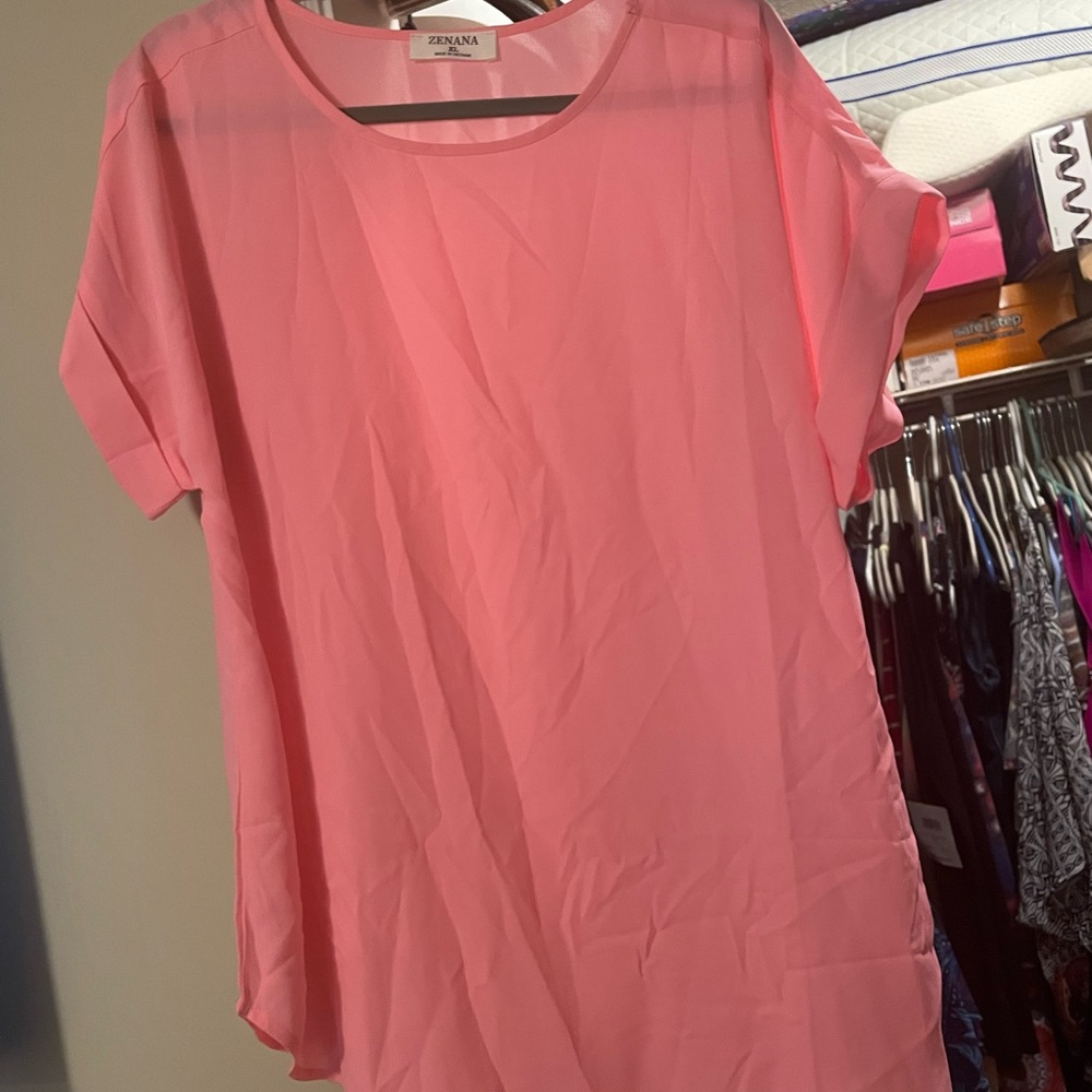 Zenana Pink Rolled Sleeve Top (XL)